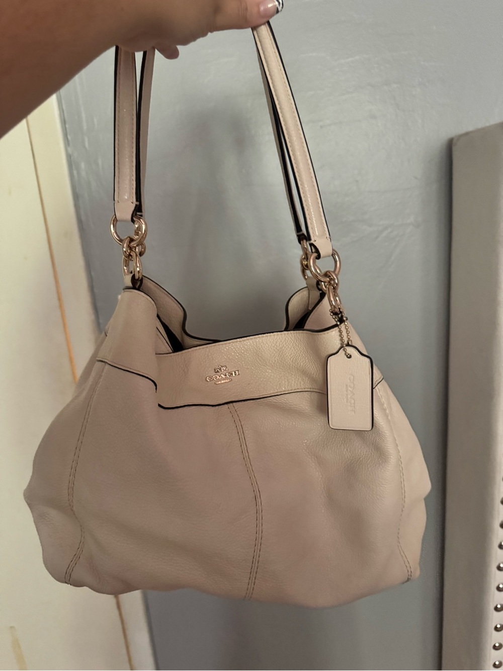 Coach Pebbled Leather Shoulder Hobo in Light Beige